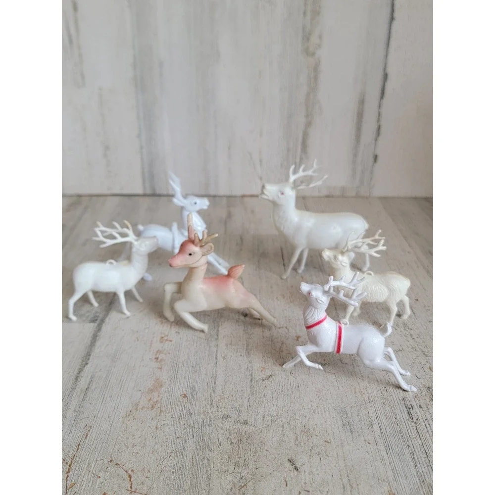 Vintage reindeer white plastic Xmas ornament figure set fawn deer home